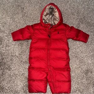 Ralph Lauren Infant Red w/ Tan Lining Snowsuit LIKE NEW Size 9 Months